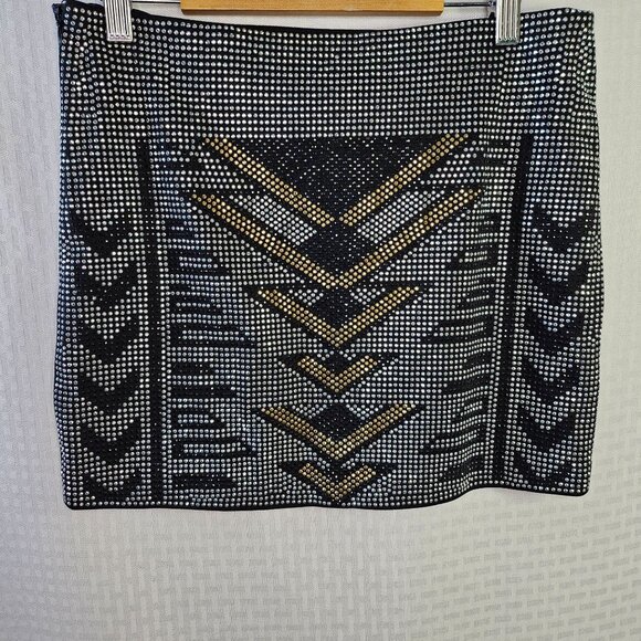 FATE Beaded Geometric Print Skirt Small By Fate Black & Silver - Picture 2 of 4